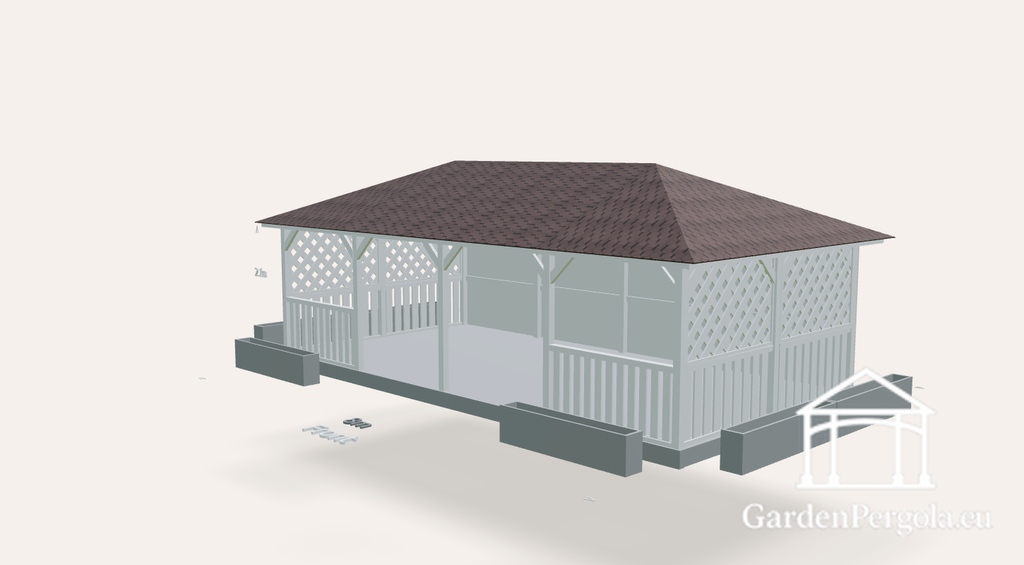 Paviljon 4x8m pruuni sindelkatus nelja kaldkatusega