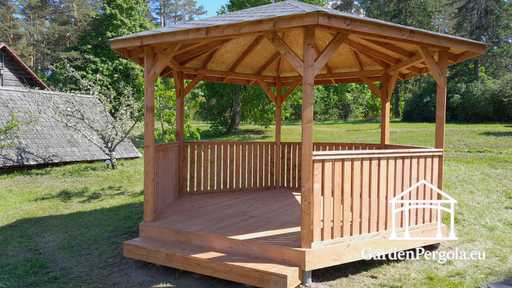 Kuuepoolne puidust aiamaja — Koduaiamaja põranda ja kaetud katusega - garden gazebo pergola