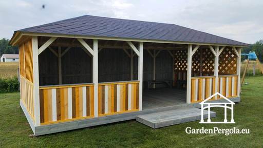 4x8 m puidust lasteaia paviljon — avar välipaviljon põranda ja katusega - garden gazebo pergola