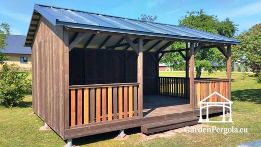 4x6 m Pruun Puidust Paviljon — Avatud Aia Paviljon Põranda ja Metallist Kahekaldse Katusega - garden gazebo pergola