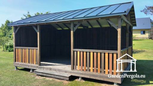 4x6 m Pruun Puidust Paviljon — Avatud Aia Paviljon Põranda ja Metallist Kahekaldse Katusega