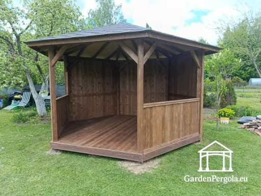 Kuuepoolne puidust aiapaviljon — Hubane aiapaviljon põranda ja katusega - garden gazebo pergola