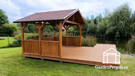 3x4 m puidust aiamaja koos 3x4 m terrassiga — Hubane aiamaja põranda ja avatud terrassiga - garden gazebo pergola