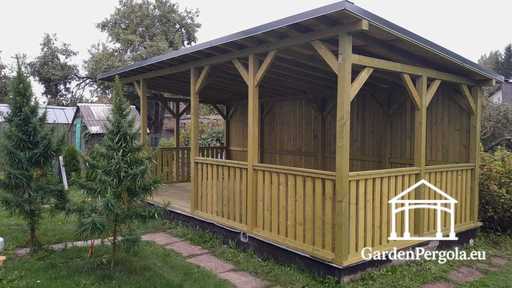 4x7 m looduslikust puidust paviljon — avar aiapaviljon põranda, piirete ja ühepoolse katusega - garden gazebo pergola