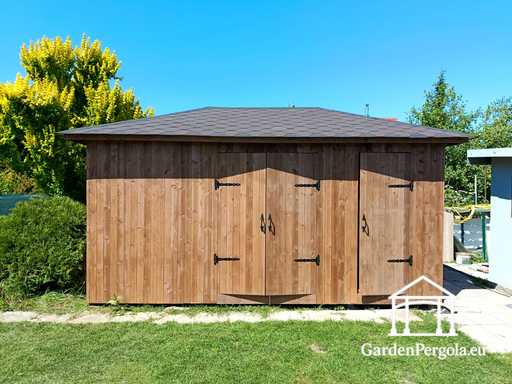 3x5,5 m eritellimusel valmistatud puidust aiamaja — avar panipaik laiade kahekordsete ustega - garden gazebo pergola