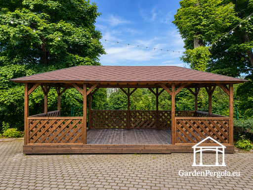 4x7 m pruun puidust aiamajake — avar aiamajake põranda, võreseinte ja sindlikatusega - garden gazebo pergola
