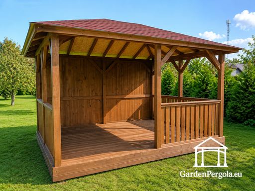 3x4 m Puidust Lehtla — Hubane Aialehis Põranda ja Suletud Tagaseinaga - garden gazebo pergola