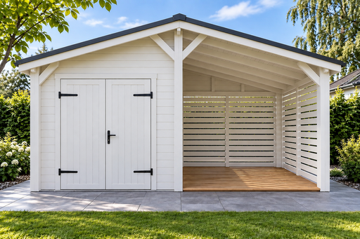 4 × 5 m puidust aiakuur kahepoolsete uste ja katusega puhkealaga - garden gazebo pergola