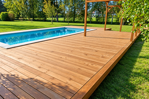 Ainulaadne 65 m² looduslikust puidust basseiniterrass integreeritud pergolaga
