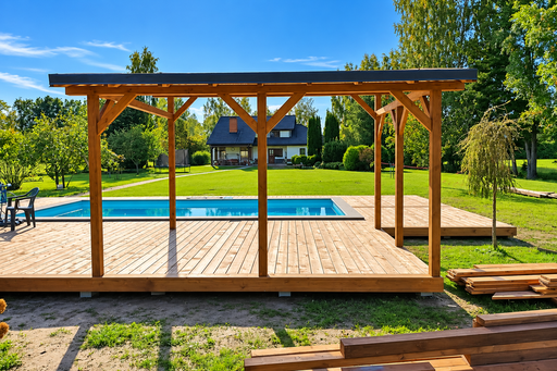 Ainulaadne 65 m² looduslikust puidust basseiniterrass integreeritud pergolaga